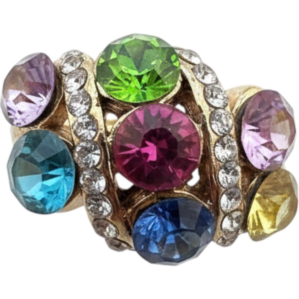 Multi‎ Color Crystal Cluster Gold Tone Statement Cocktail Ring Size 7.5